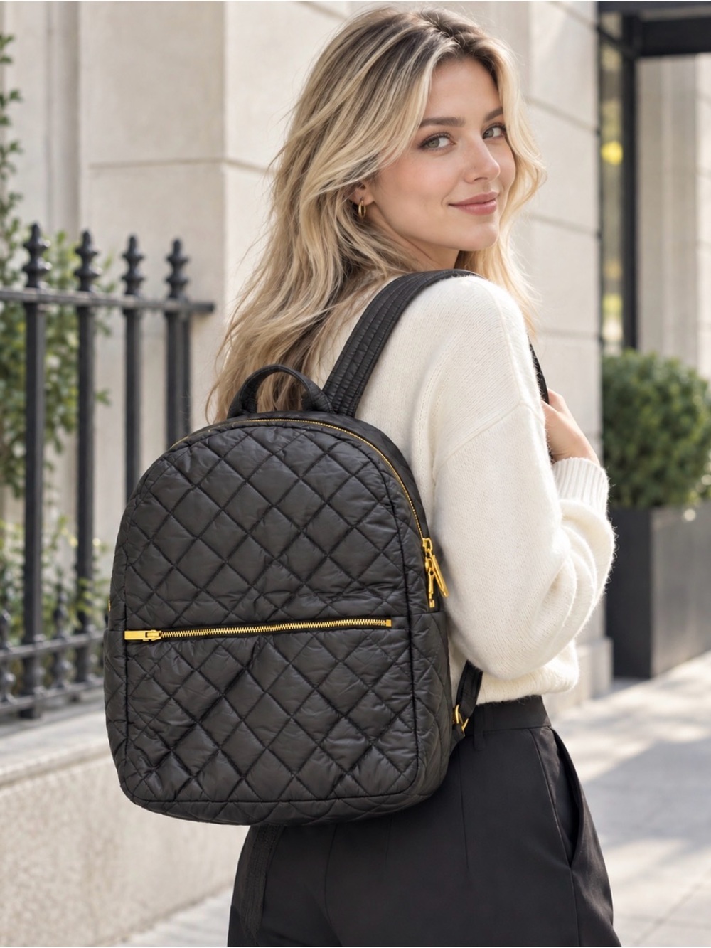 Rare goldno.8 Reversible Black Silver Quilted Nylon Backpack Gold Hardware